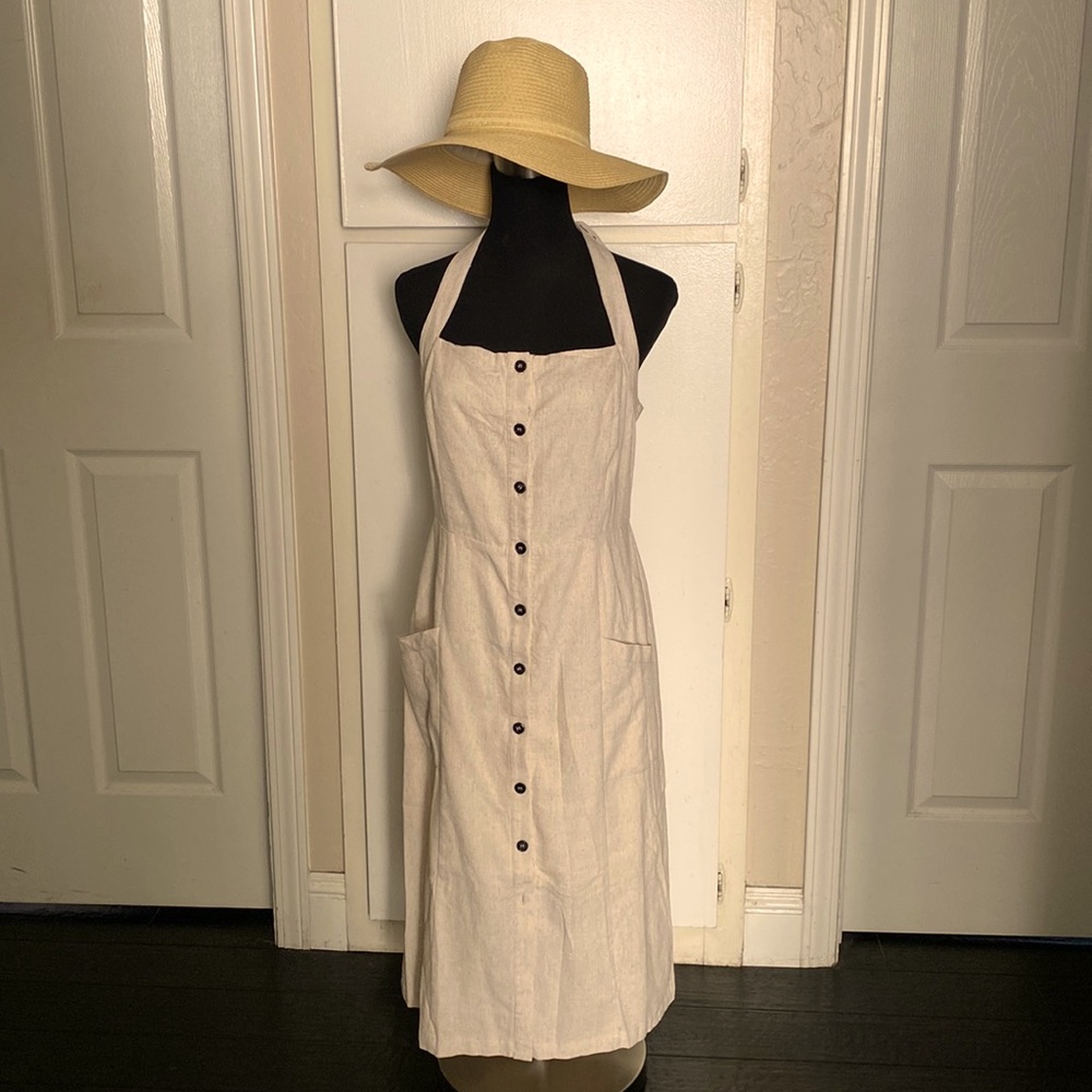 Lost + Wander Halter Button down midi dress. Beige. Medium.
